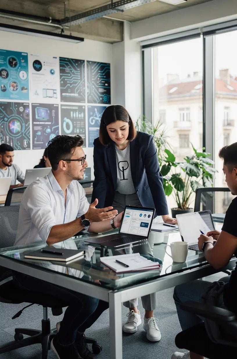 Panoramă a unui birou modern cu multiple ecrane care afișează diagrame de automatizare a proceselor.
