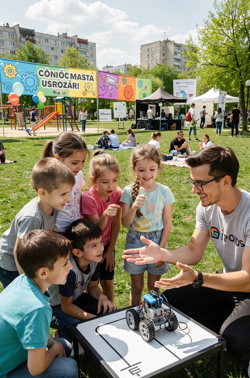 Imagine cu un specialist în tehnologie explicând funcționarea unui robot industrial într-un laborator.